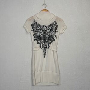 Vintage‎ Y2K Bling Bling White Rhinestone Graphic Cowl Neck Tunic Top Medium